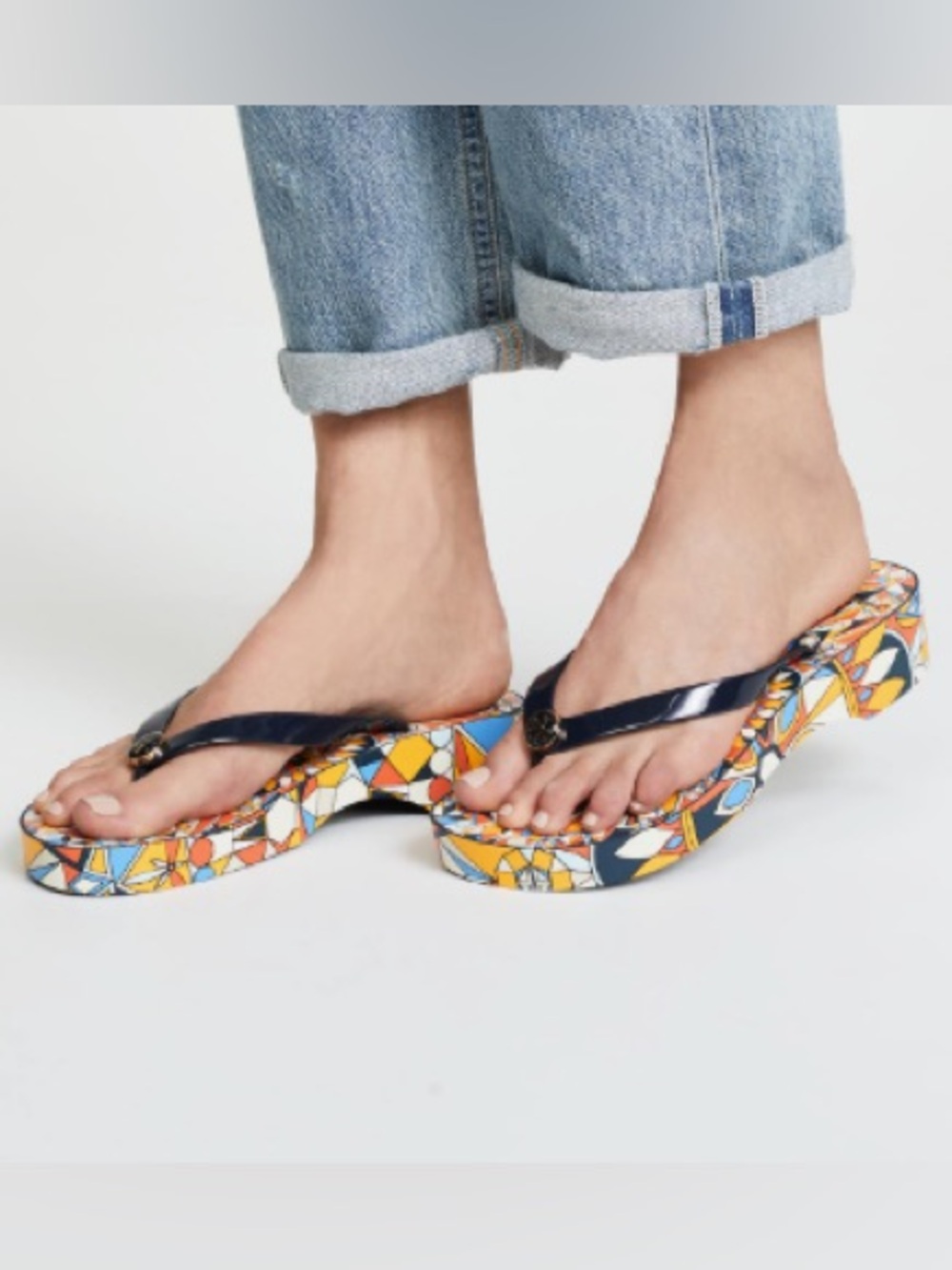 Tory Burch Cut-Out Wedge Flip Flop (Navy Pattern) Size 9